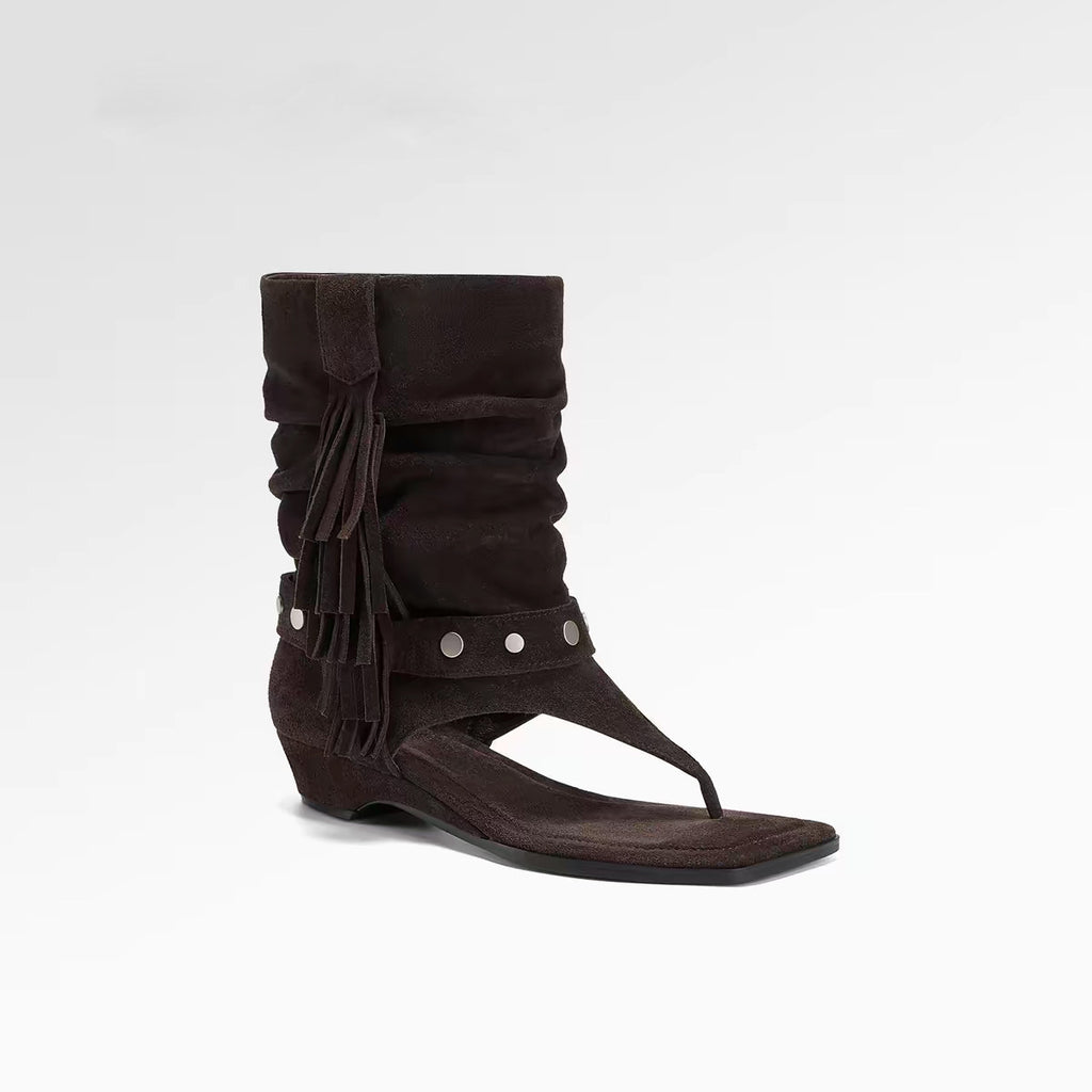 Tassel Retro Square-Toe Roman Sandals Women