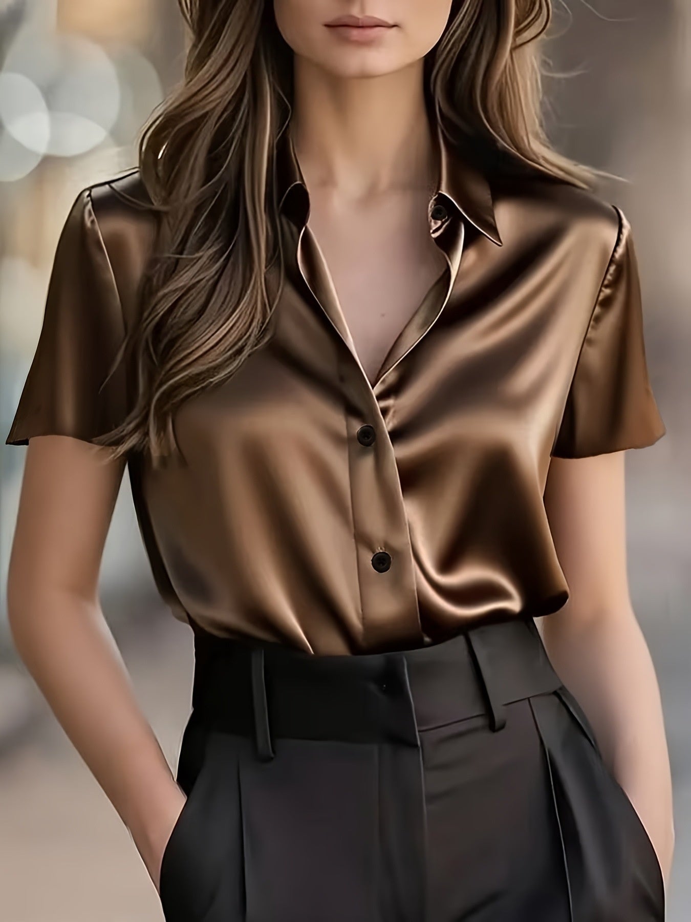 2026 European And American Cross-border New Women's Fashion Amazon Women's Satin Short-sleeved Blouse Commuting Style High-end Drapey Professional Shirt Top