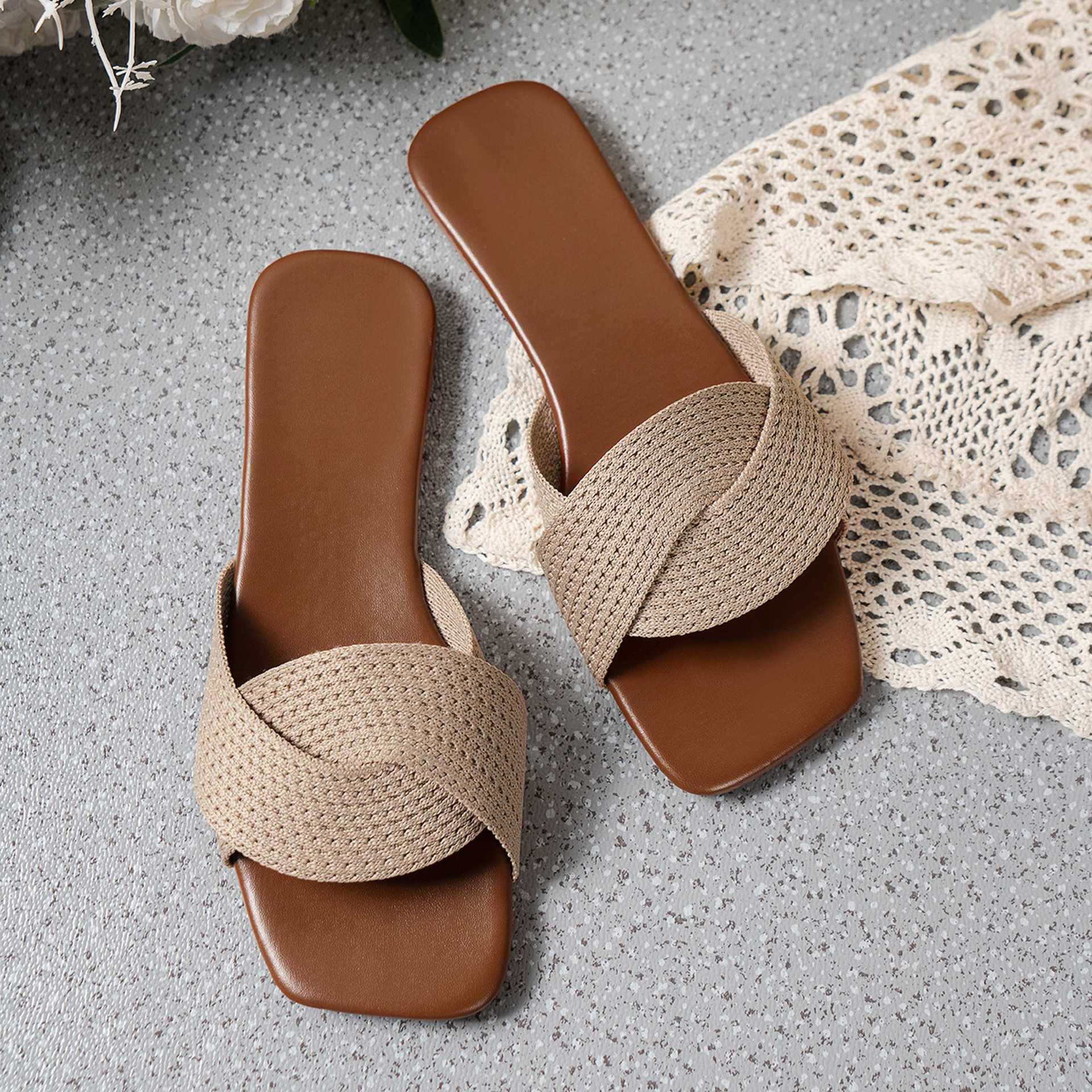 Summer Cross-Strap Square-Toe Flat-Heel Beach Slippers For Women
