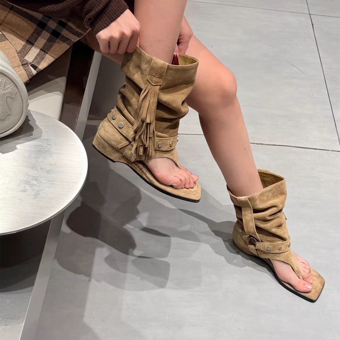 Tassel Retro Square-Toe Roman Sandals Women