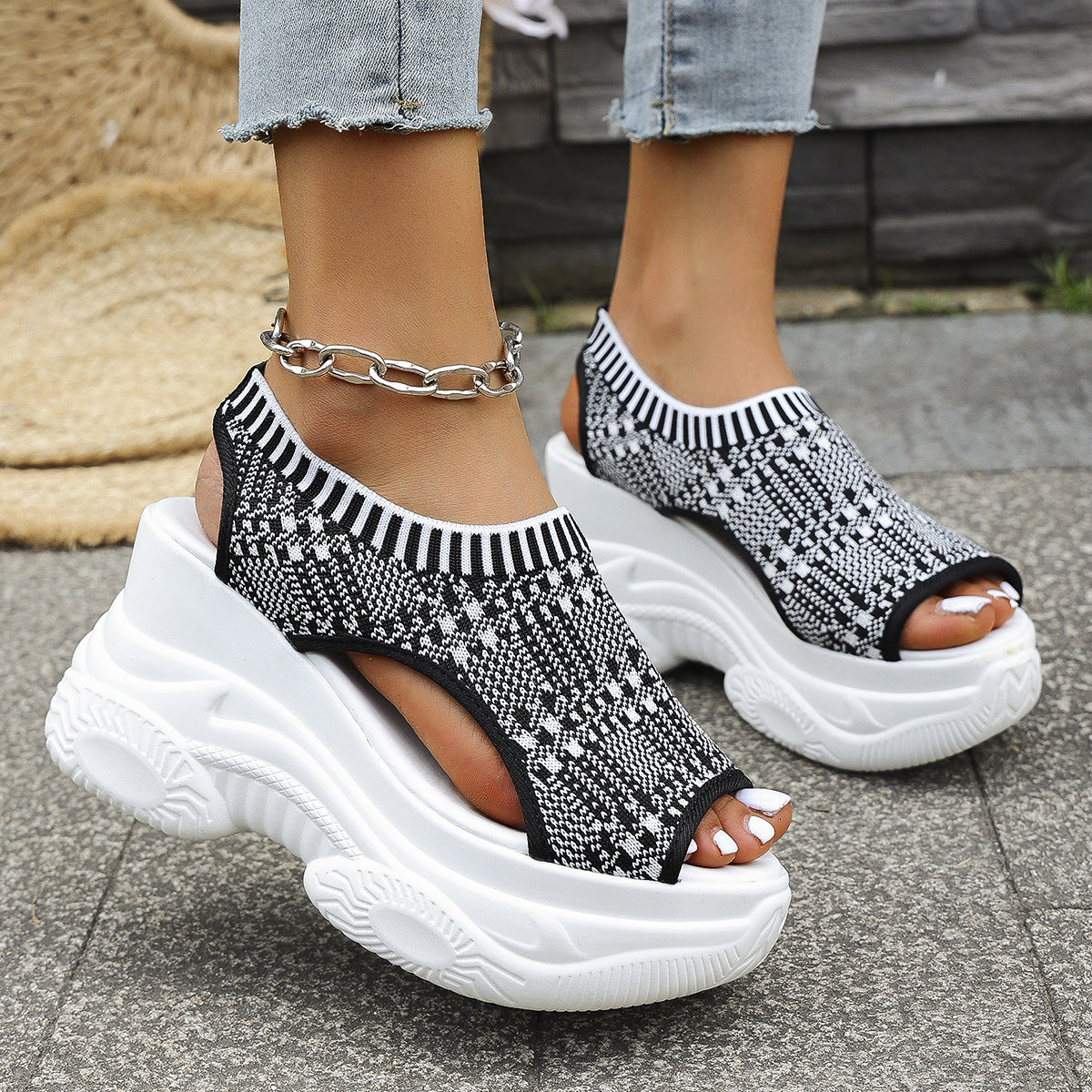 Summer New Thick-Soled Slip-On Flyknit Peep-Toe Sporty Sandals For Women