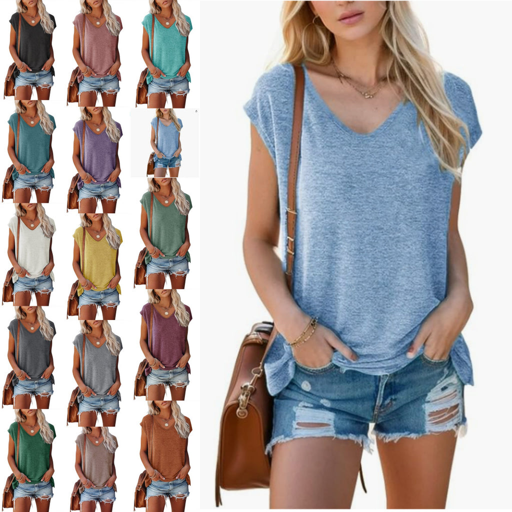 Women's Summer V-Neck Solid Color Casual Loose Short-Sleeve