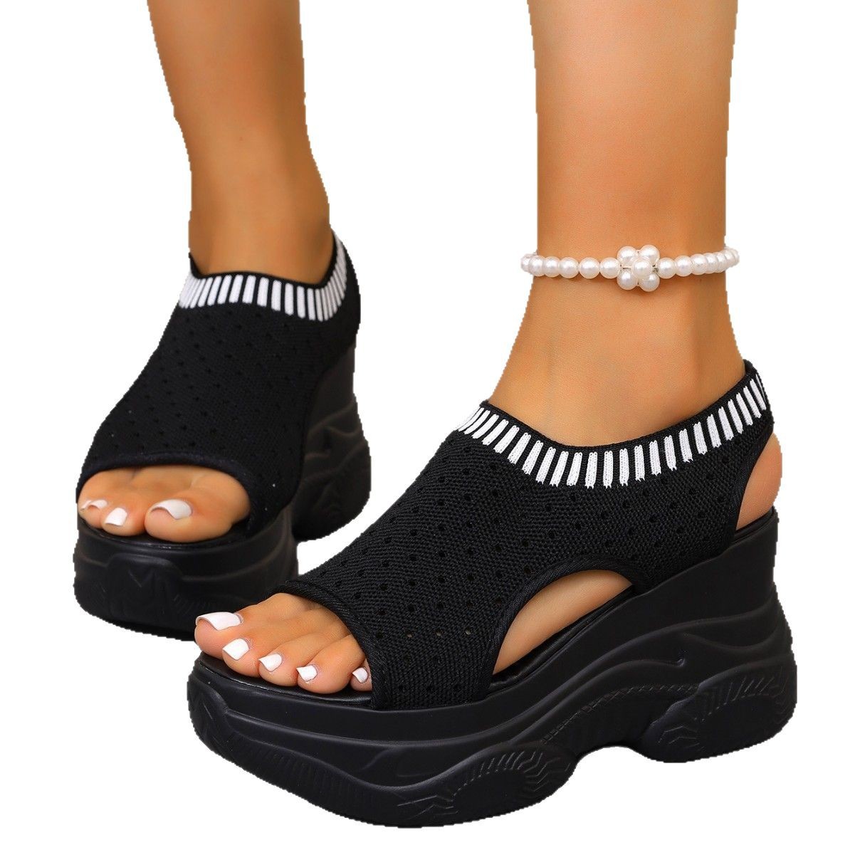 Summer New Thick-Soled Slip-On Flyknit Peep-Toe Sporty Sandals For Women