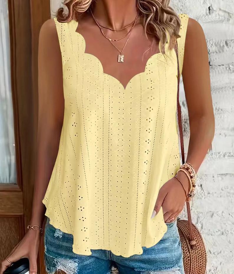 2026 Cross-border Spring And Summer New Style Independent Station Amazon Fashion Summer Plus Size Leisure Solid Color Scallop Edge V-Neck
